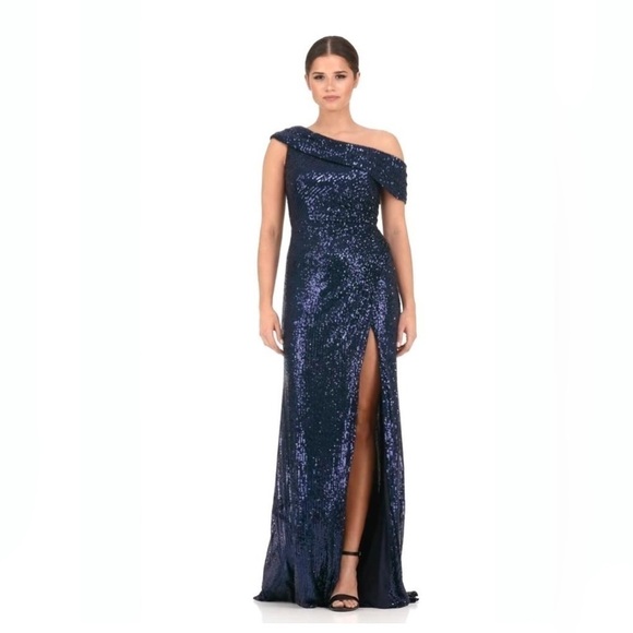 Nwt Ieena for Mac Duggal One Shoulder Ruched Sequined Gown in Midnight - Picture 1 of 15